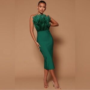 Fashion Nova Emerald Feather-Trim Bandage Midi Dress- Kentucky Derby